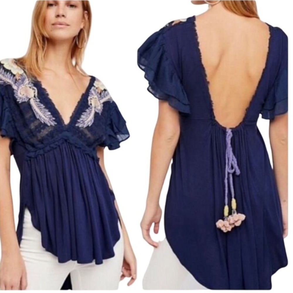 Free People Nueva Fiesta Tunic Top Navy Blue Embroidered boho bohemian med